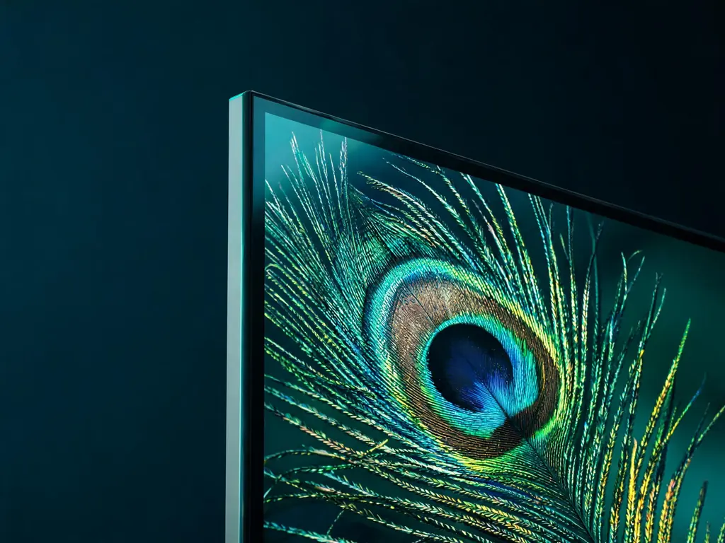 A peacock feather in fine detail on the corner of a thin TV