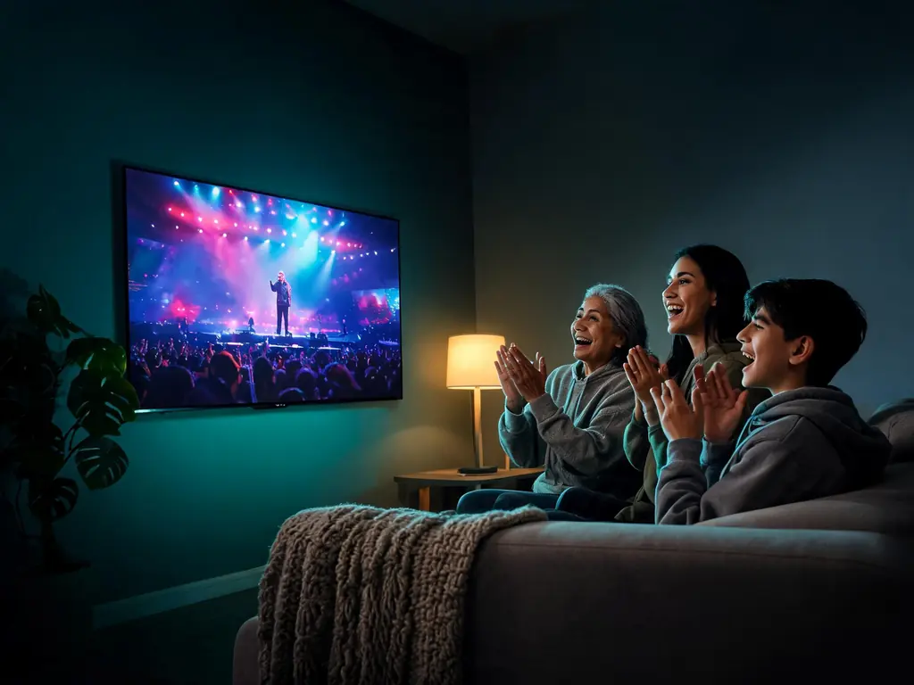 A family of three generations singing along to a live concert on TV