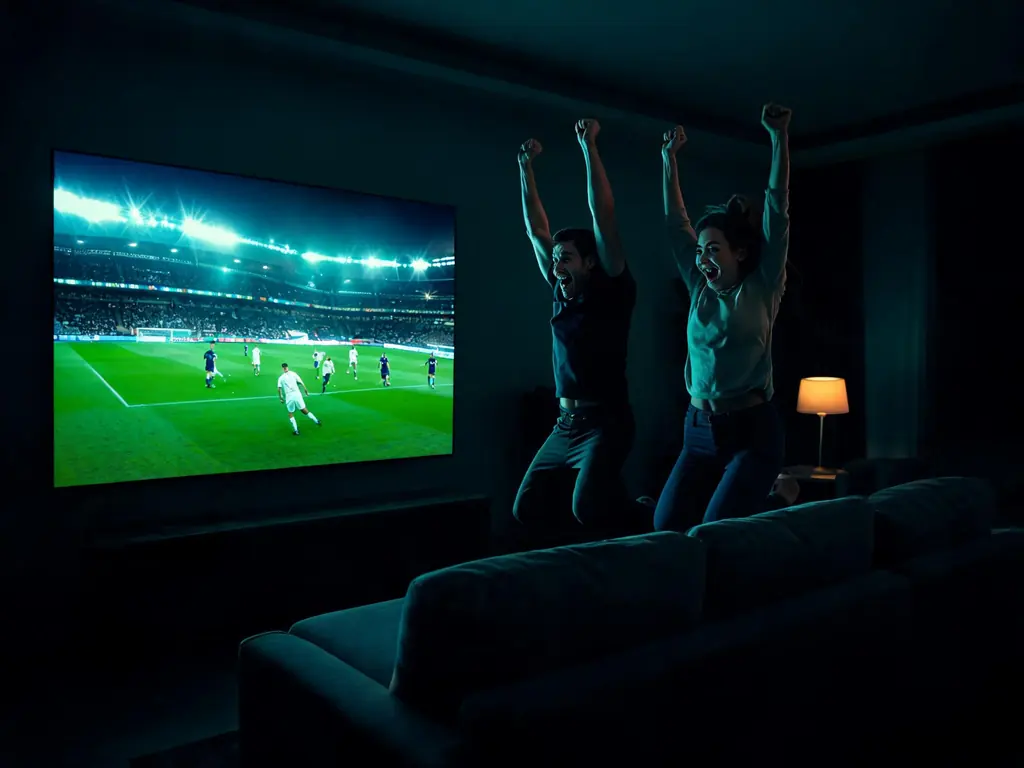 A couple jumping off the sofa to celebrate a goal in a floodlit football final