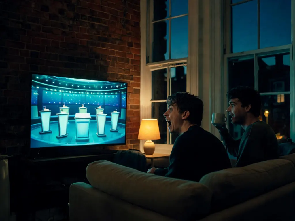 Flatmates playing along with a quiz show on TV in a brick-walled flat