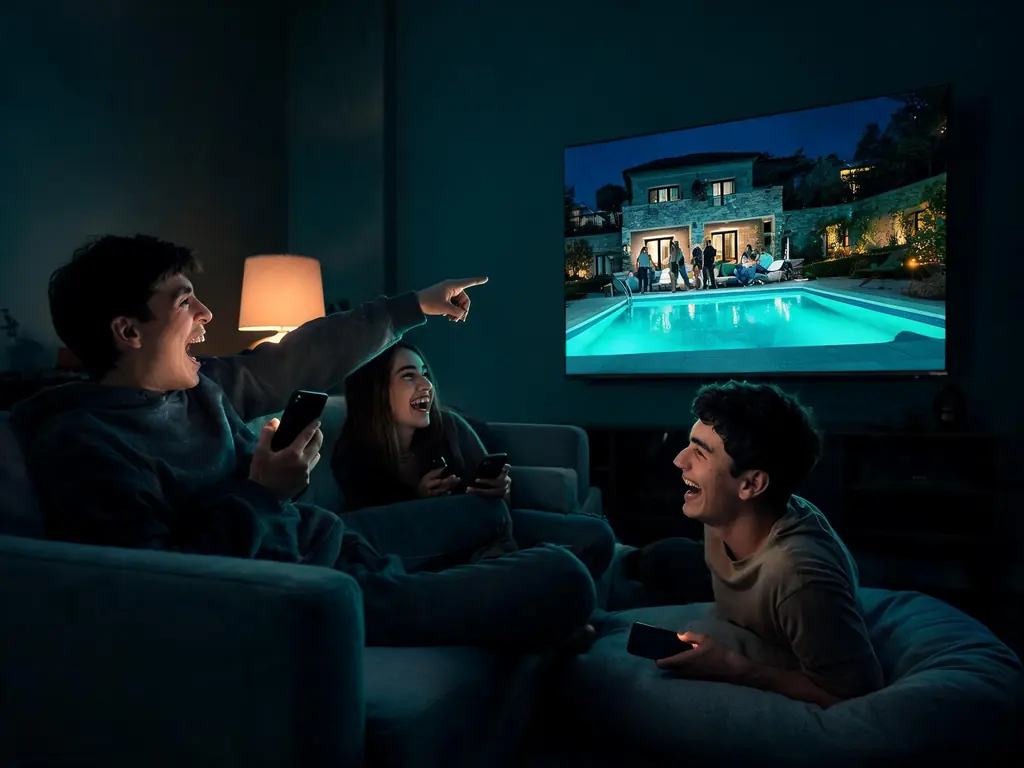 Friends on a sofa laughing at a reality show on a wall TV