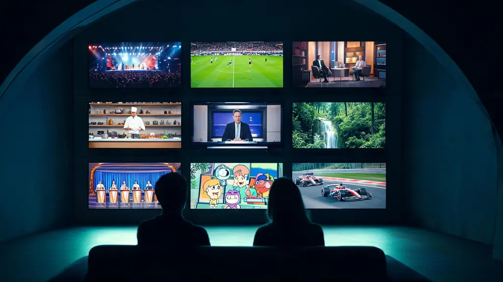 A curved wall of nine screens showing a concert, football, a talk show, news and more
