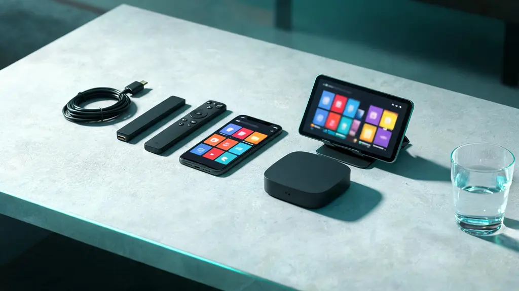 A streaming stick, a phone, a tablet and a set-top box laid out on a gray table