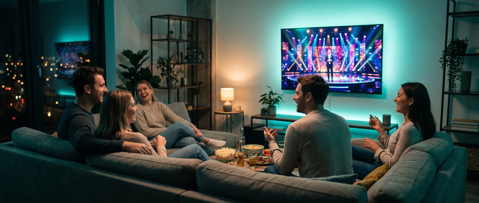 Friends on a sofa laughing at a live studio show on a wall TV