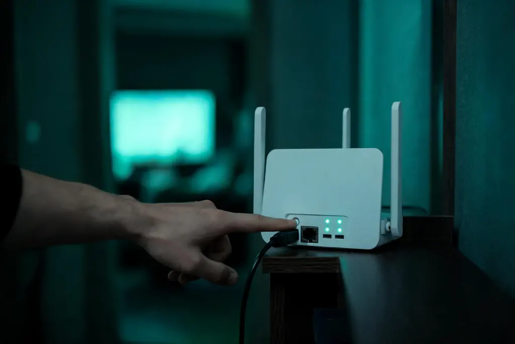 A hand pressing the reset button on a home router, a TV glowing in the next room