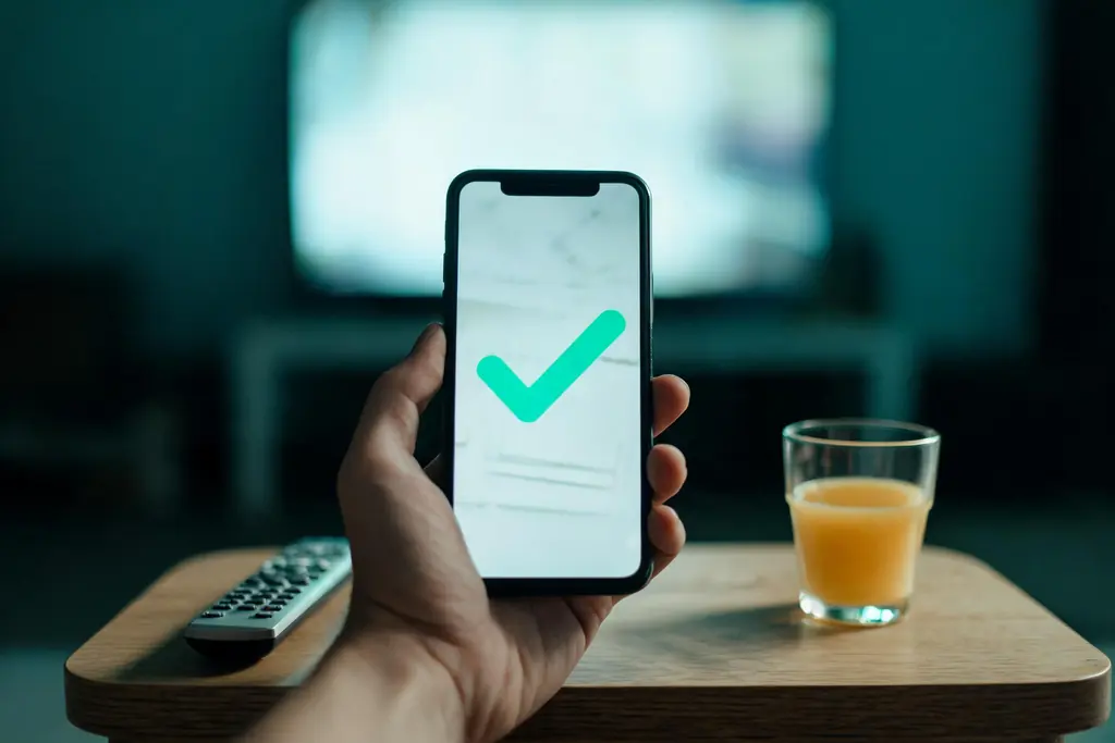 A hand holding a phone that shows a mint checkmark, a television lit up in the background