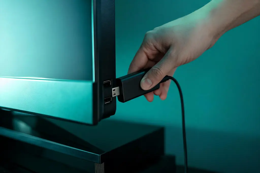 A hand plugging a streaming stick into the side HDMI port of a TV