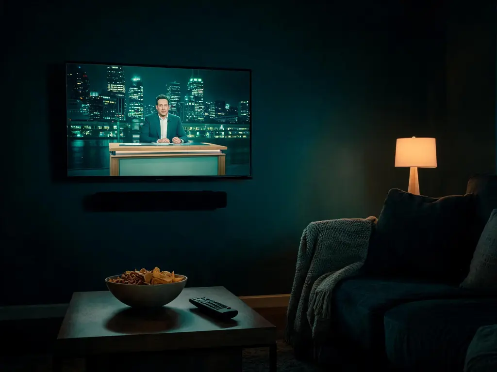 A late-night talk show glowing on a wall TV above a soundbar, snacks and a remote on the table