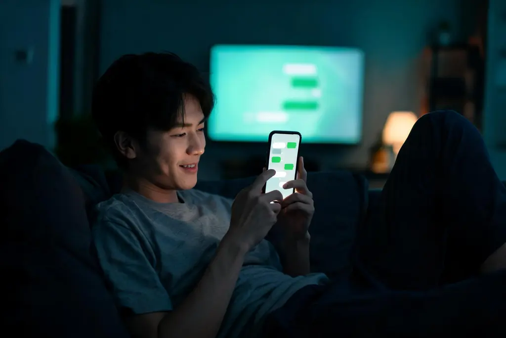A young man on a sofa smiling at a message on his phone, the television on behind him