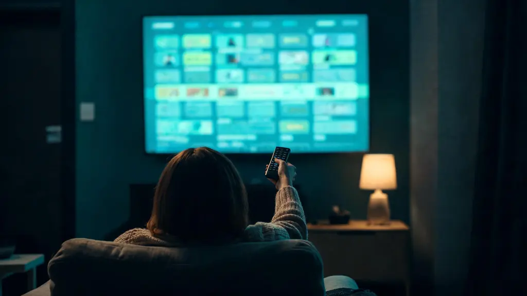 A woman in an armchair pointing a remote at the program guide grid on a wall TV