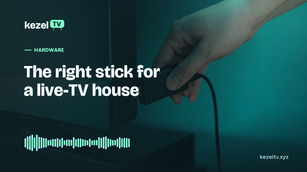 KezelTV cover: a hand plugging a streaming stick into the HDMI port of a TV