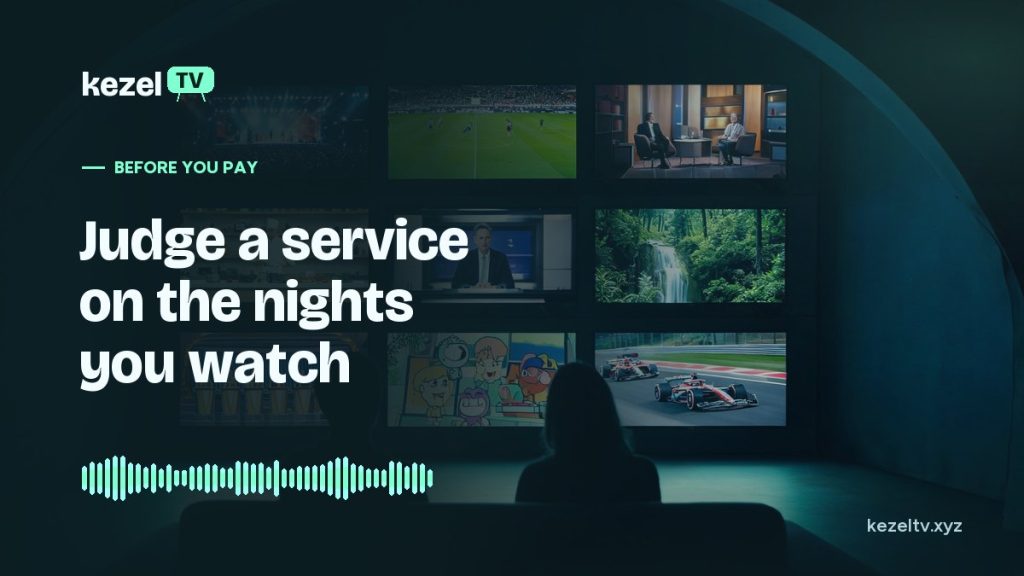 KezelTV cover: two people facing a curved wall of nine live channels, from sport and news to a concert