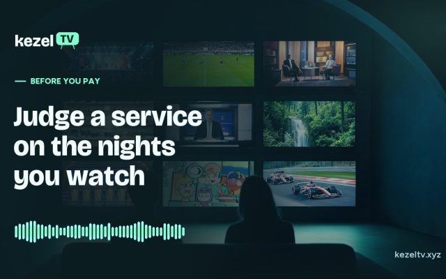 KezelTV cover: two people facing a curved wall of nine live channels, from sport and news to a concert