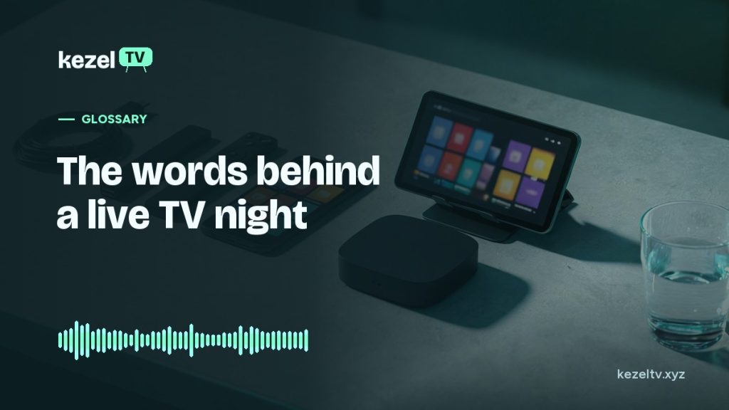 KezelTV cover: streaming sticks, remotes, a phone, a tablet and a small box laid out on a table