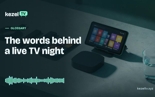 KezelTV cover: streaming sticks, remotes, a phone, a tablet and a small box laid out on a table