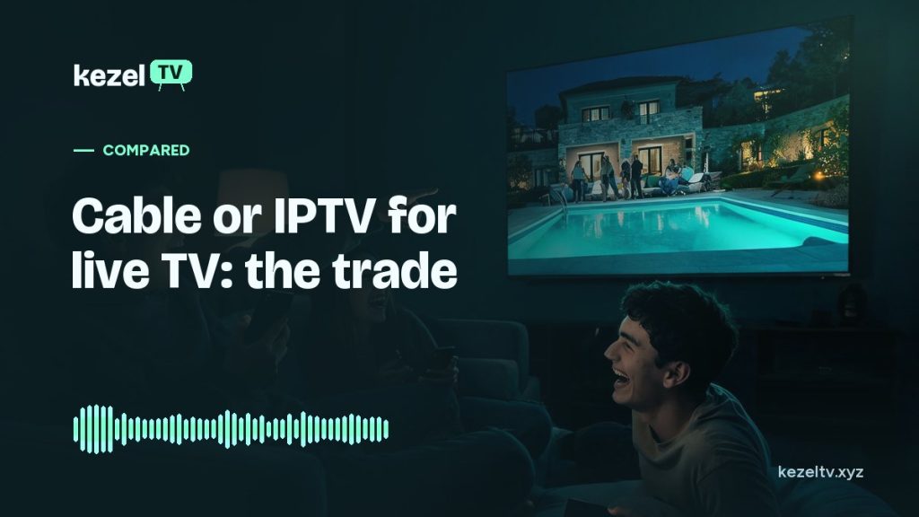 KezelTV cover: friends on a sofa laughing and pointing at a reality show on the TV