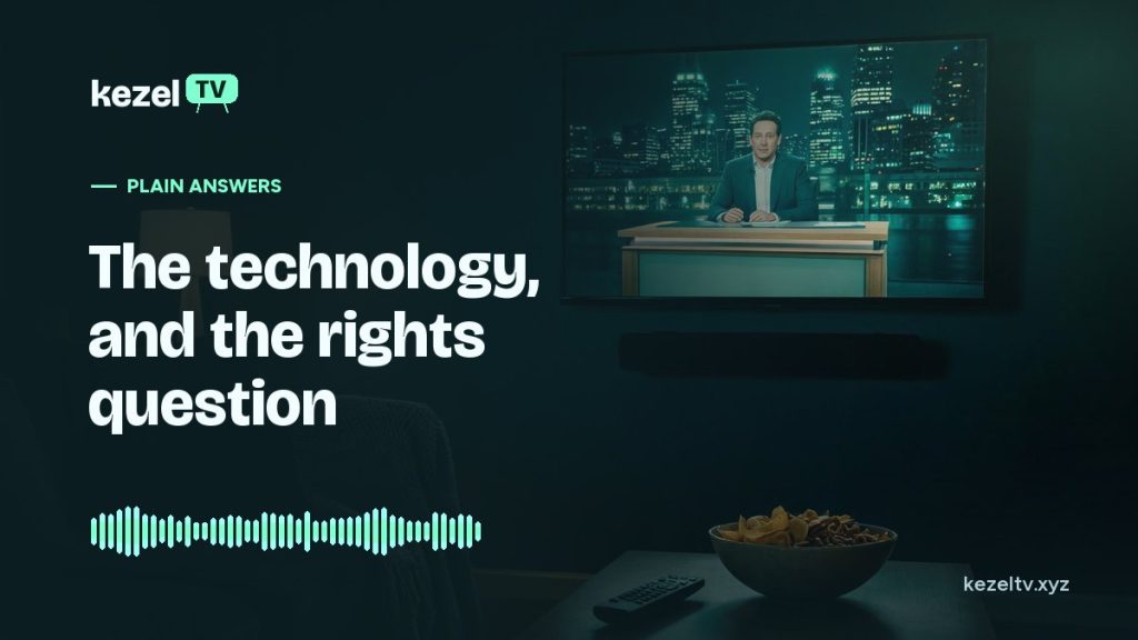 KezelTV cover: a cozy living room corner at night with a talk-show set on the TV