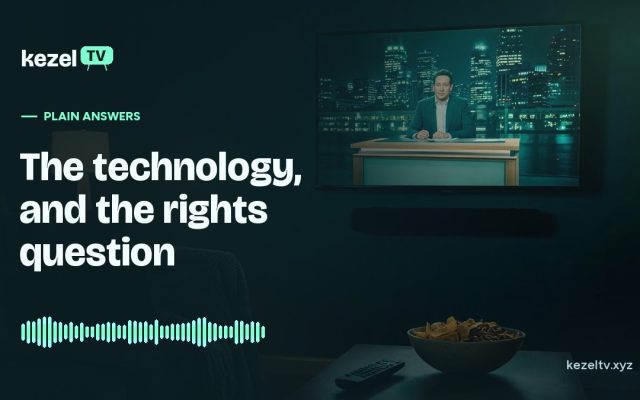 KezelTV cover: a cozy living room corner at night with a talk-show set on the TV