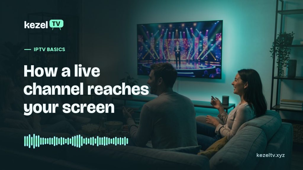 KezelTV cover: friends on a sofa watching a live studio show on a wall-mounted TV at night