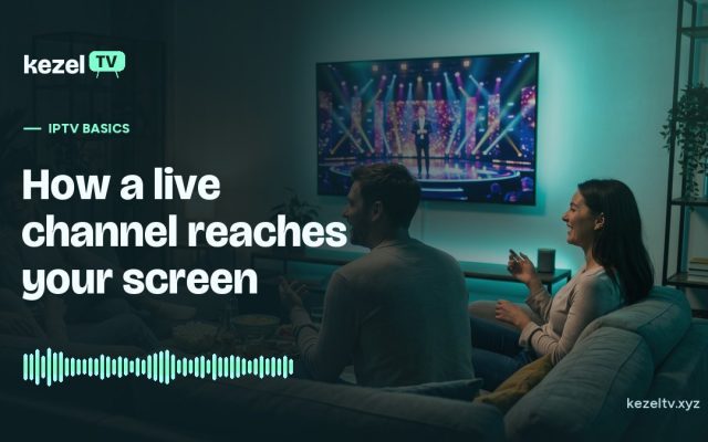 KezelTV cover: friends on a sofa watching a live studio show on a wall-mounted TV at night